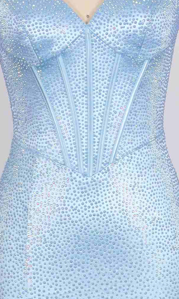 Close-up of the PromGirl Exclusive 250266—a light blue, strapless, fitted satin long prom dress featuring sparkling heat stone embellishments and vertical boning on the corset bodice.